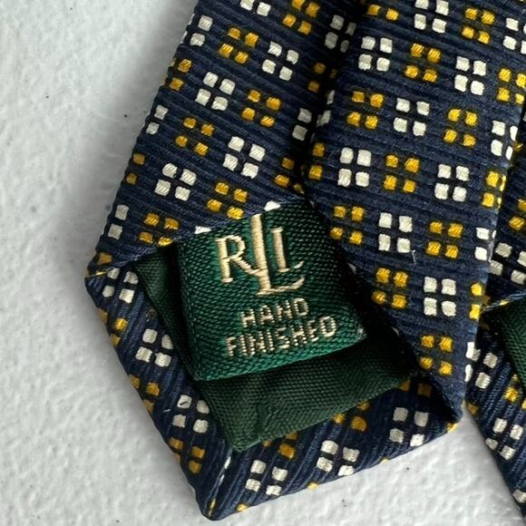 Lauren Ralph Lauren Men's Necktie Blue Yellow Geometric 100% Silk Hand Finished - Picture 3 of 6
